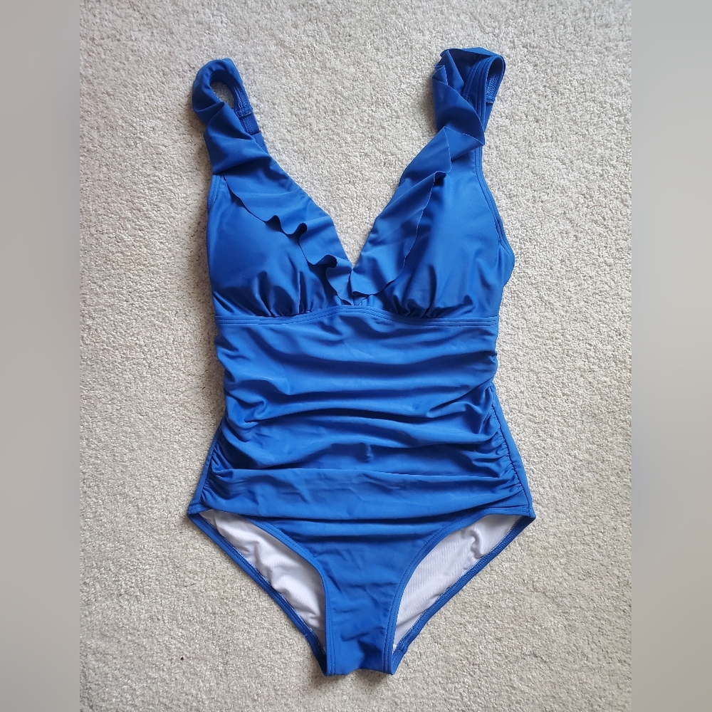 DKNY Vibrant Blue Ruffle Neck Women's One Piece Swimsuit Size 8